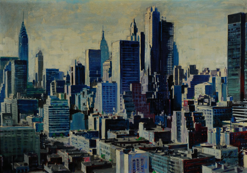 Wellenreiter, Maler der 1960er Jahre, Blick auf Manhattan mit einem der im Bau befindlichen Türme des World Trade Center, Öl/Lwd, rechts unten ...