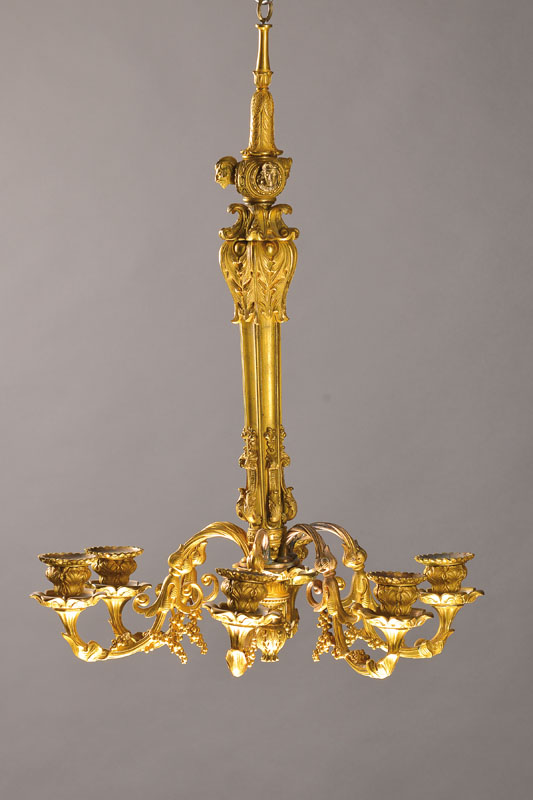 Deckenleuchter, Frankreich, um 1870, Bronze, Mittelstab z.T. sechseckig geformt, mit angesetzten Applikationen in Form von Rocaillen und Blättern, ...