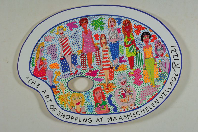 James Rizzi, 1950-2011, "The art of Shopping at Maasmechelen Village", Siebdruck-Palettenobjekt, handsigniert, rückseitig num. 92/500cm, ...