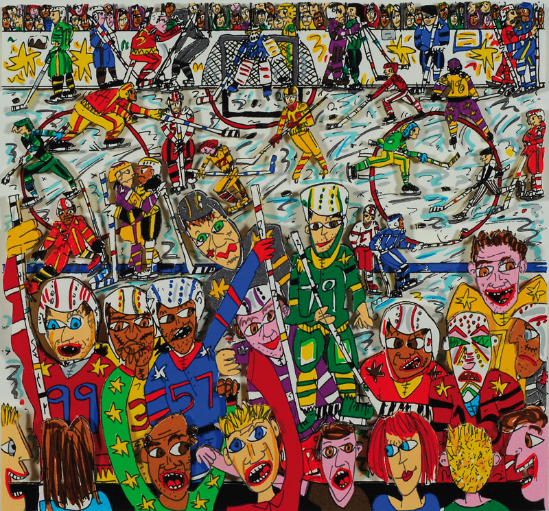 James Rizzi, 1950-2011, Battle on the Ice, dreidimensionale Farblithographie von 1992, handsigniert und num. 103/350, ca. 22x22cm, unter Glas, Rahmen