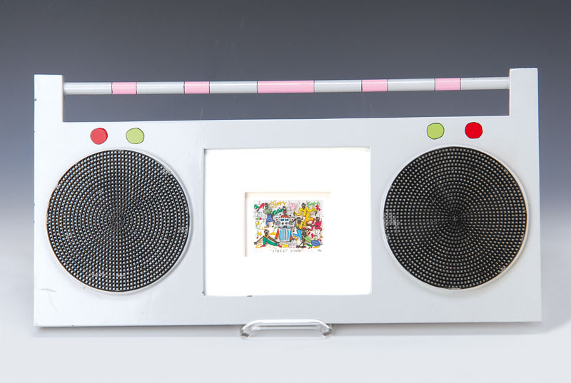 James Rizzi, 1950-2011, Street Show, dreidimensionale Farblithographie von 1990, handsigniert und num. 139/350, ca. 5x7cm, im orig. bemalten Rahmen ...