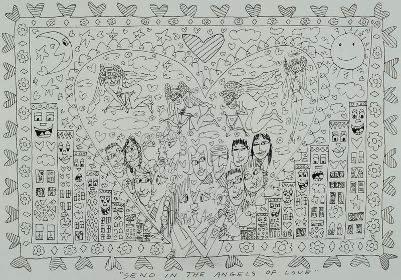 James Rizzi, 1950-2011, Send in the Angels of Love, Tuschfeder auf Papier, Unikat, rückseitig signiert, ca. 20x28cm, unter Glas, Rahmen