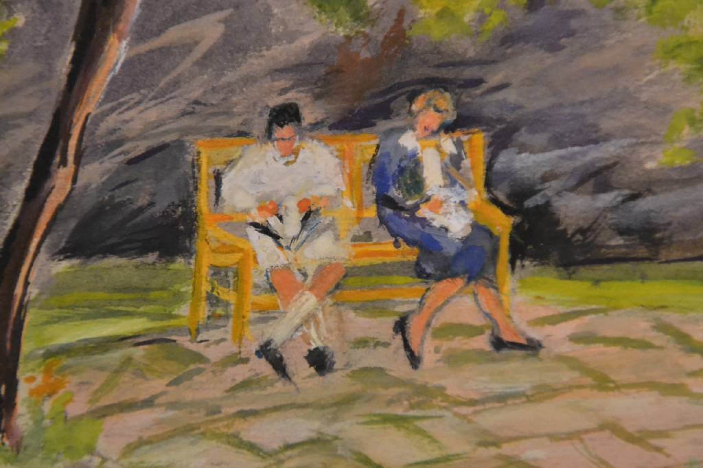 Detail c: Rolf Müller-Landau, 1903-1956, Frauen auf der Parkbank, Aquarell auf Papier, rechts unten signiert, ca. 24.5x 26.5cm
