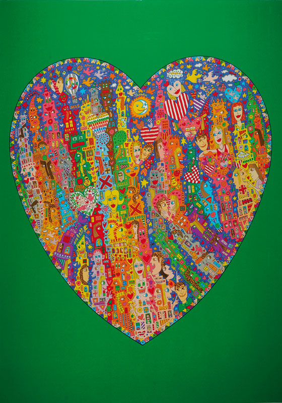 James Rizzi, 1950-2011, Heart, Farblithographie, Sonderdruck mit grünem Hintergrund, ca. 92x66cm