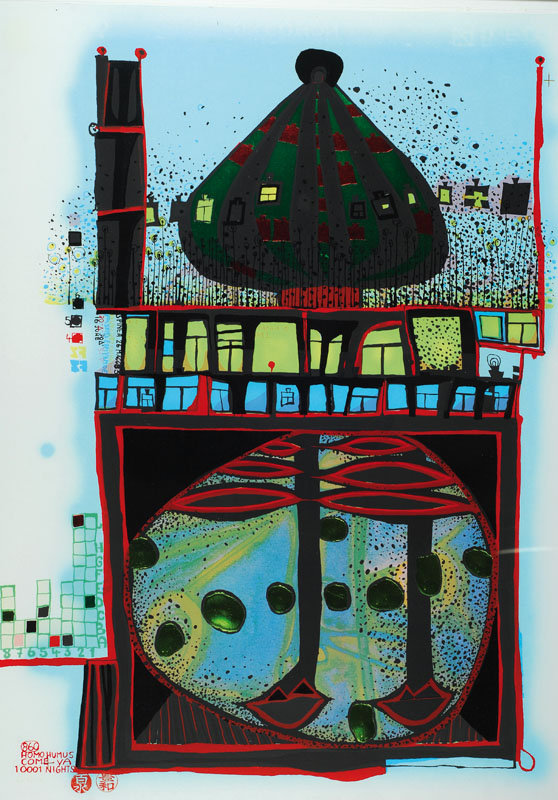 Friedensreich Hundertwasser, 1928-2000, 10001 Nights - Homo Humus Come Va, Farbsiebdruck mit Metallfolienprägung, signiert: Dunkelbunt, num. ...