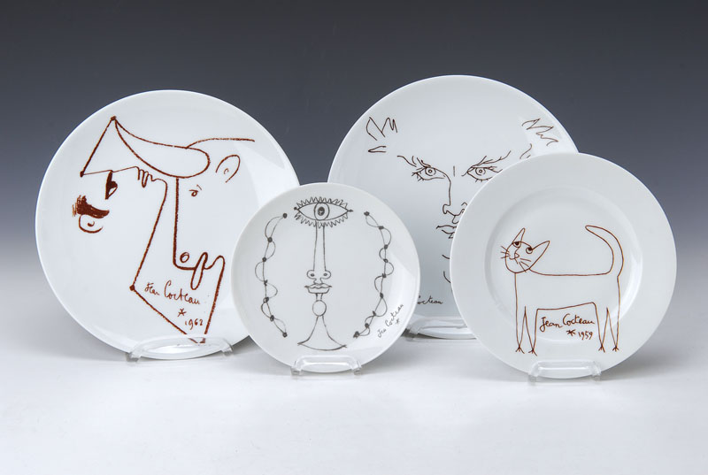 Jean Cocteau, 1889-1963, 4 Porzellanteller, Limoges, mit Motiven von Jean Cocteau, gemarkt galerie international, D.ca. 24/24/ 20/16cm