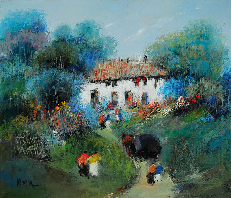 Unbekannter zeitgenössischer Maler, Personen auf dem Weg zum Bauernhaus, Öl/Lwd, links unten unleserlich signiert, ca. 60x70cm, Rahmen