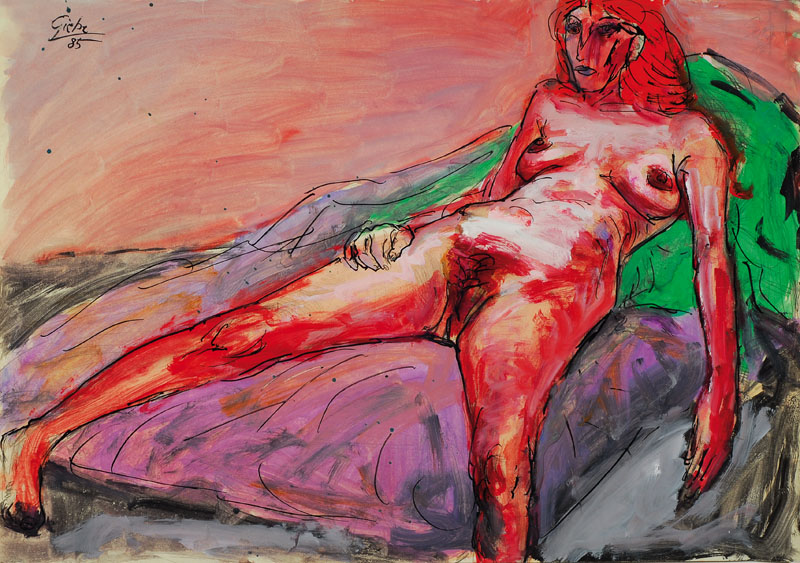 Hubertus Giebe, geb. 1953, Gouache auf Papier, liegender weiblicher Akt, handsigniert und datiert 85, ca. 42x59.5 cm