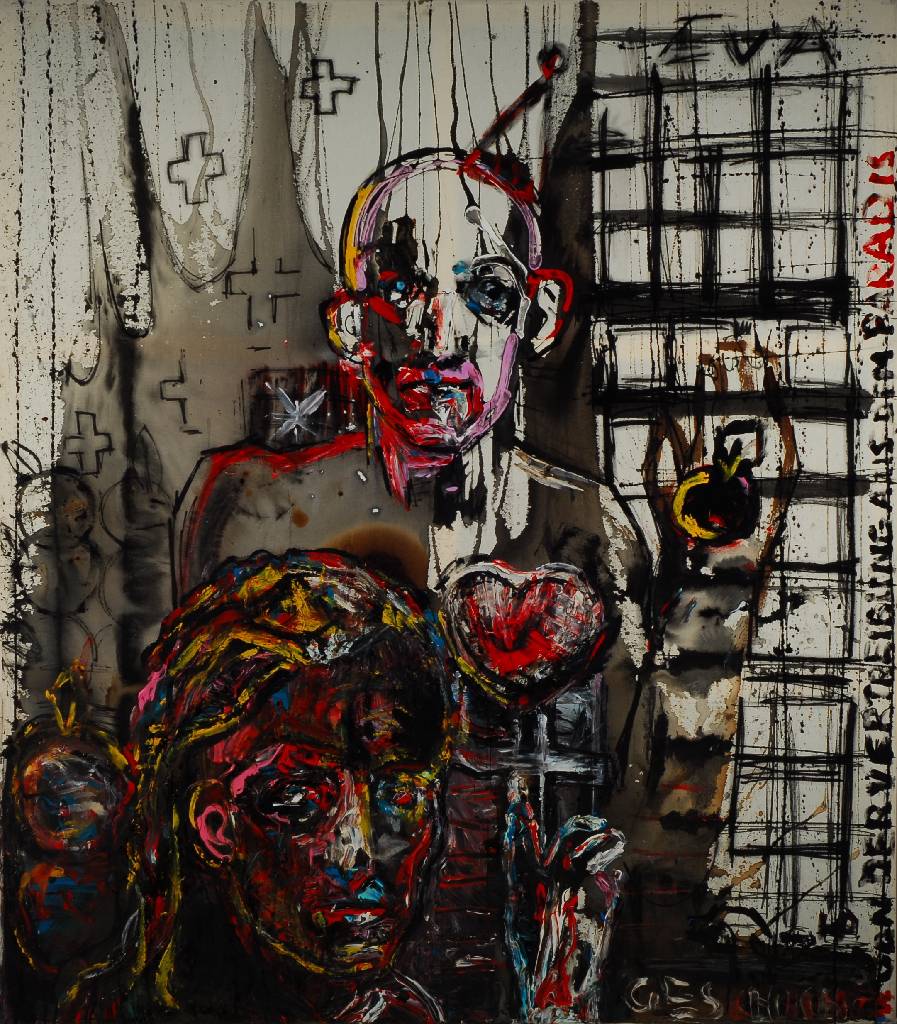 Heiko Pippig, geb. 1951 Mosbach, "Geschichte von der Vertreibung aus dem Paradis", Acryl/Lwd., monogrammiert HP, mit Zertifikat, ca. ...