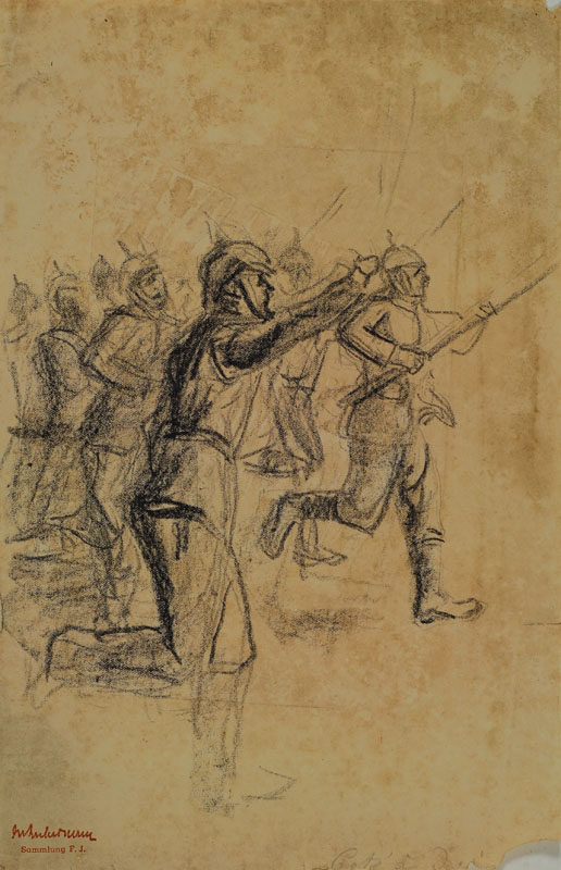 Max Ackermann, 1887-1975, Stürmende Soldaten, Bleistiftzeichnung, rechts unten Substanzverlust, links unten Stempelsignatur Sammlung F.J., ca. ...