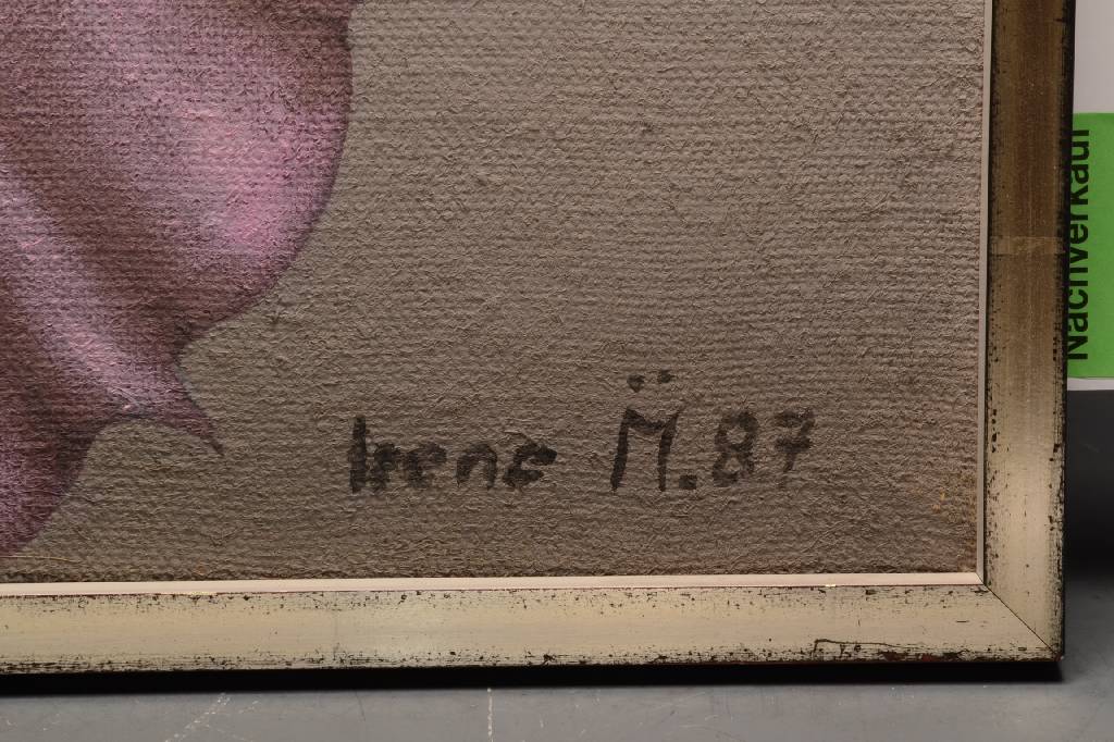 Detail b: Irene Müller, geb. 1941, tanzende Frau vor Häusern, Öl/Lwd., handsigniert Irene M. und datiert 87, ca. 56x45 cm, Rahmen