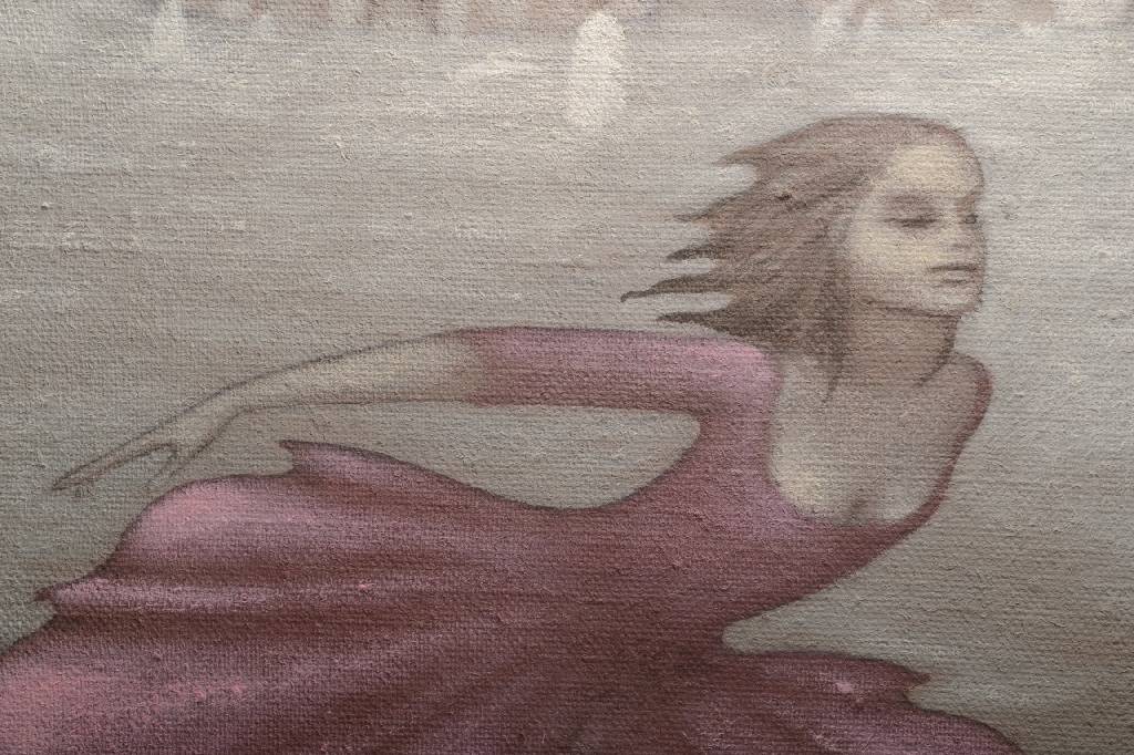 Detail c: Irene Müller, geb. 1941, tanzende Frau vor Häusern, Öl/Lwd., handsigniert Irene M. und datiert 87, ca. 56x45 cm, Rahmen