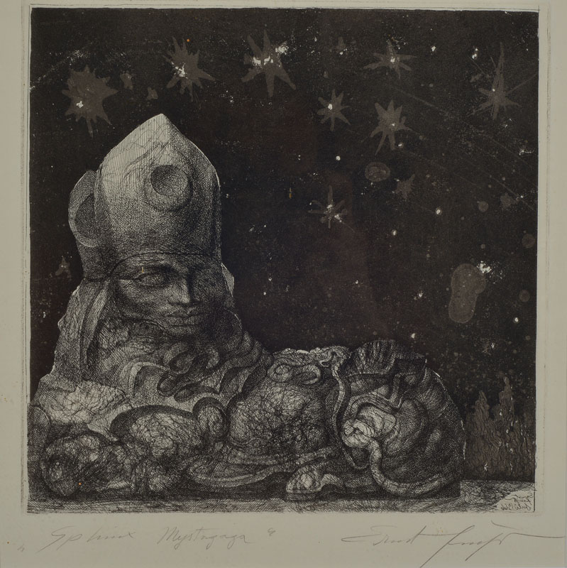 Prof. Ernst Fuchs, geb. 1930 Wien, Sphinx Mystagaya, Radierung, handsigniert und betitelt, ca. 22x22cm, unter Glas, Rahmen