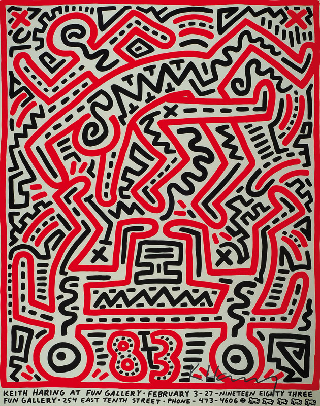 Keith Haring, Plakat Keith Haring at fun Gallery, silber Farben handsigniert, ca. 73,5x58 cm, unter Glas gerahmt, Galerierahmen