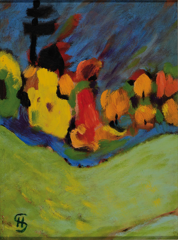 Hans Slavos, 1900 Düsseldorf - 1969 Hagen, abstr. Landschaft in kräftigen sommerlichen Farben, Öl/Lwd., monogrammiert, 60 x 47 cm Rahmen