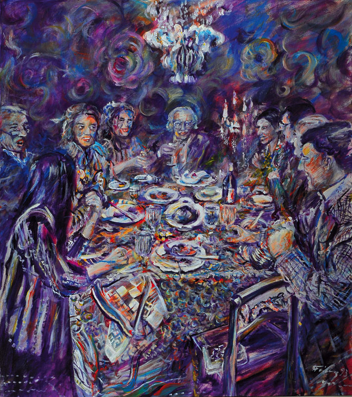 Floran Frieling, 1939 Leverkusen-1994 Böhl-Iggelheim, Abendliche Gesellschaft, Öl/Lwd, rechts unten signiert und datiert 93, ca. 90x80cm, Rahmen