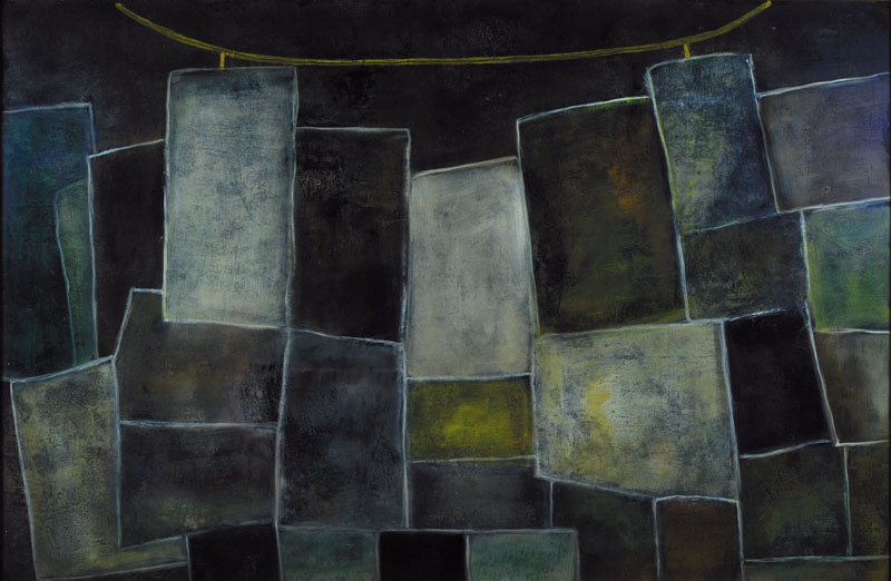 Odette Buvat, zeitgenössische Künstlerin, Abstrakte Komposition, Öl/Holz, rückseitig signiert und betitelt "Segments noirs", ca. 67x102 ...