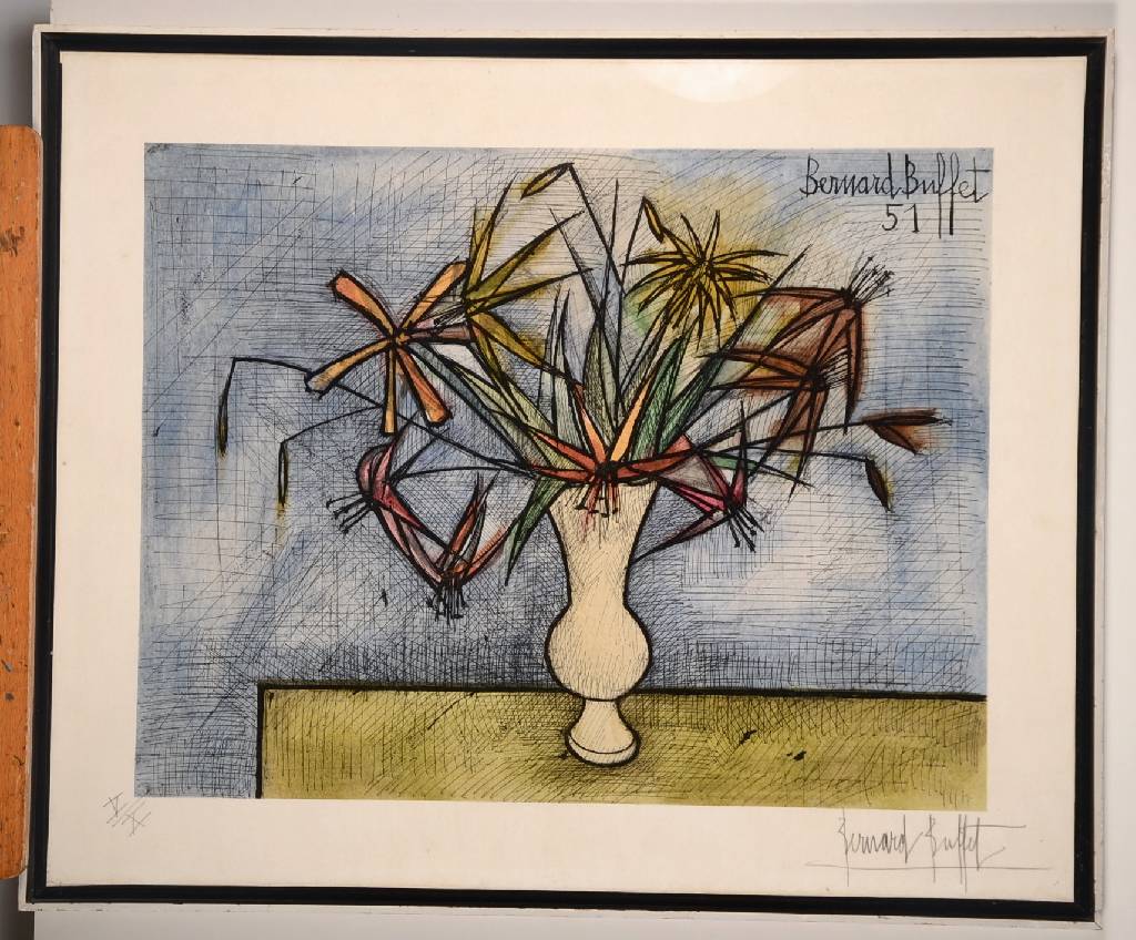 Detail a: Bernard Buffet, 1928 Paris-1999 Tourtour, Bouquet des fleurs, Farblithographie von 1951, handsigniert und num. V/X, ca. 44x57cm, unter Glas, Rahmen