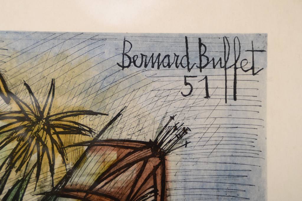 Detail d: Bernard Buffet, 1928 Paris-1999 Tourtour, Bouquet des fleurs, Farblithographie von 1951, handsigniert und num. V/X, ca. 44x57cm, unter Glas, Rahmen