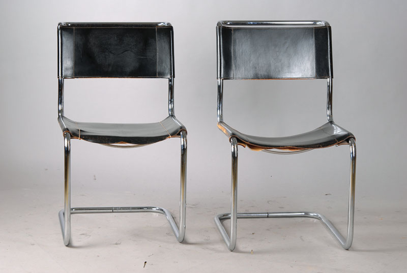 6 Freischwinger-Stühle, 50-60er Jahre, Entwurf Marcel Breuer, Ausführung wohl Thonet, Stahlrohr gebogen, schwarzer Lederbezug, st. Gebr.-Sp., H. ...
