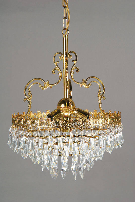 Deckenlampe, 2. Hälfte 20. Jh., Messing, reiches Glasgehänge, H. 55 cm, D. 43 cm, intakt, jedoch ungeprüft