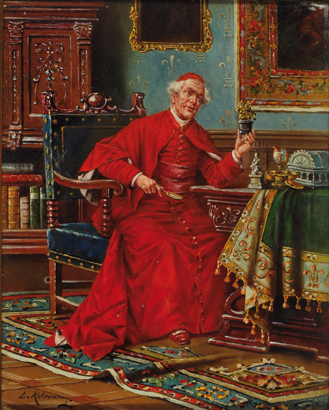 Lajos Kolozsvary, 1871 Budapest-1937, Studium an der Akademie Wien bei Griepenkerl und Eisenmenger, hier: Porträt eines Kardinals beim Untersuchen ...