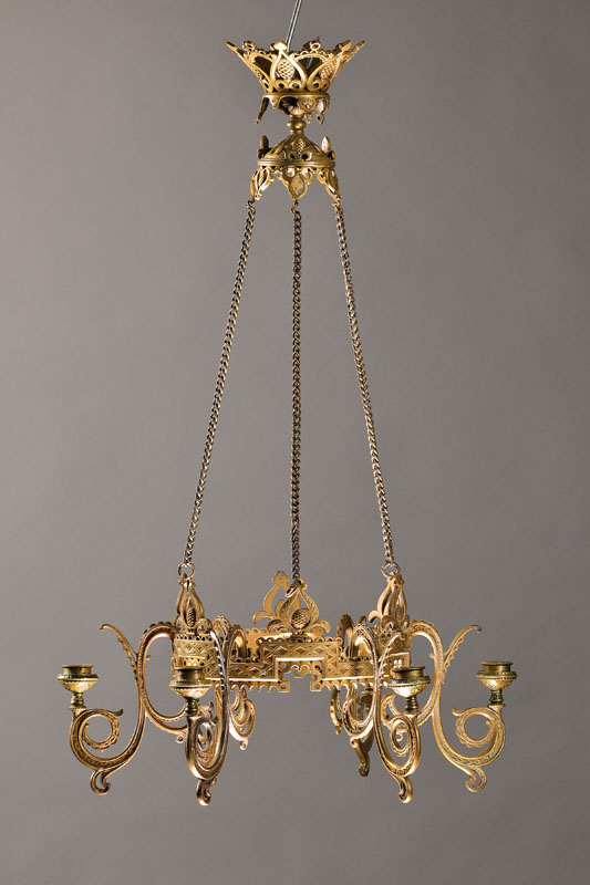 Deckenleuchter, Frankreich, um 1900, Metallguß bronzefarben patiniert, Akanthus Knospen Dekor, 6 Brennstellen für Kerzen, H. ca. 71cm, D. ca. 44cm