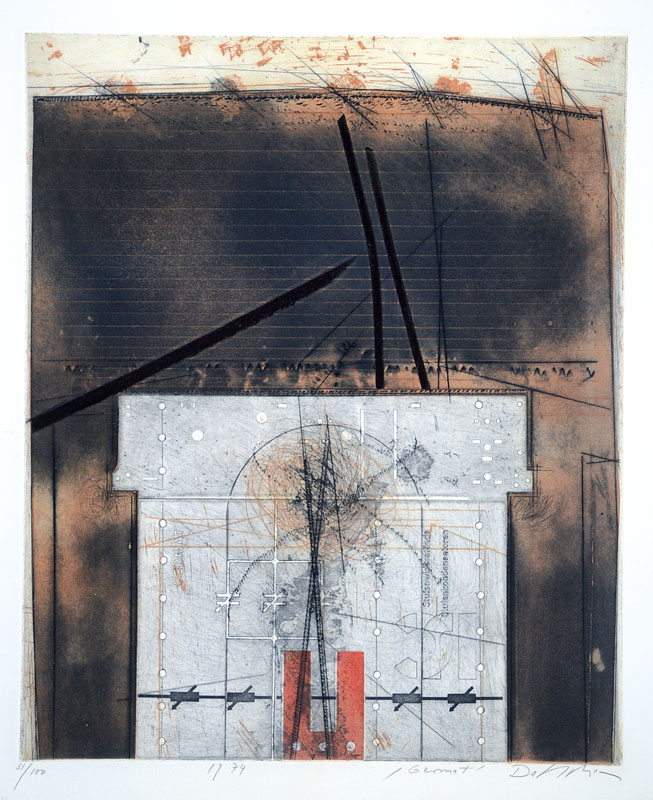 Karl Fred Dahmen, 1917-1981, "Germat", Radierung, handsigniert und nummeriert 31/100, datiert 1974, Plattengr. ca. 58,5x48,5 cm, unter Glas ...