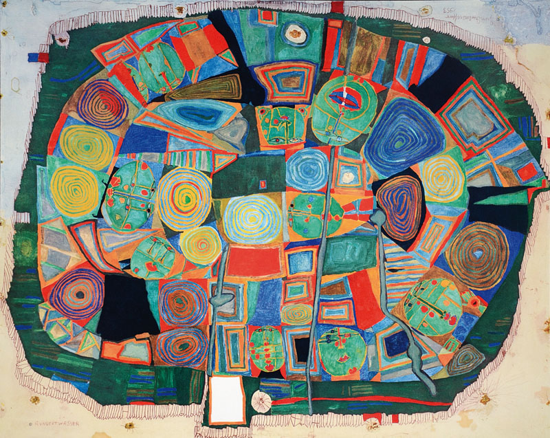 Friedensreich Hundertwasser, 1928-2000, "Der Garten der glücklichen Toten", Granolithographie, Auflage 4000, ca. 63,5x77 cm
