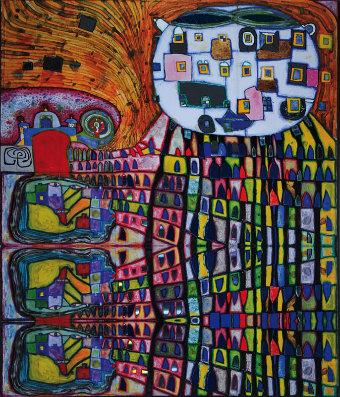 Friedensreich Hundertwasser, 1928-2000, "Hauskatze", Kunstdruck mit Metallfolienprägung, PP, ca. 69x59 cm, unter Glas gerahmt