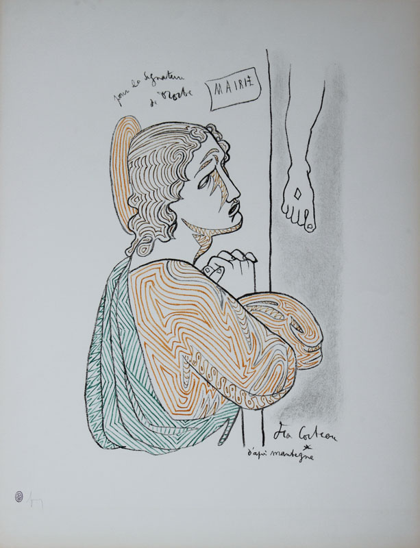 Jean Cocteau, 1889-1963, Farblithographie aus: Wandmalereien aus Villefranche und Menton, Mourlot Paris 1950, im Druck signiert und datiert, Blattgr. ...