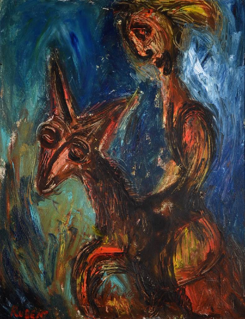 Ruben Talberg, geb. 1964, Reiter auf surreal anmutendem Reittier, Öl/Lwd, signiert, ca. 95x73 cm, Rahmen