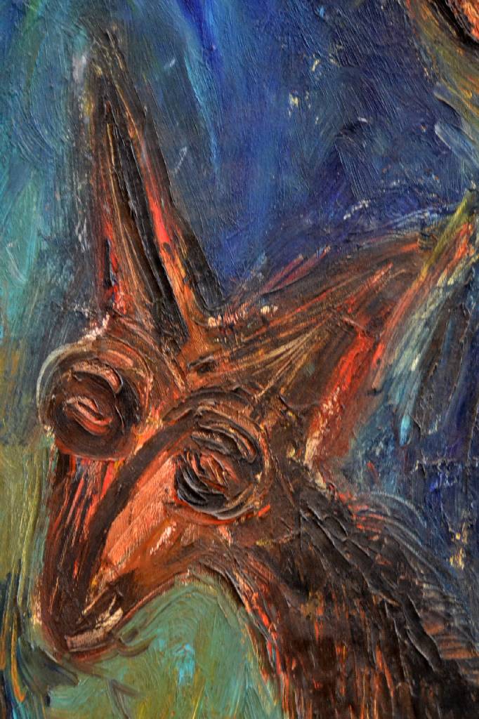 Detail c: Ruben Talberg, geb. 1964, Reiter auf surreal anmutendem Reittier, Öl/Lwd, signiert, ca. 95x73 cm, Rahmen