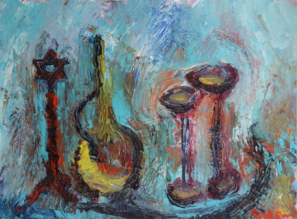 Ruben Talberg, geb. 1964, Stillleben mit Davidstern, Karaffe u. Pokalen, Öl/Lwd, rechts unten signiert, ca. 40x50 cm, Rahmen
