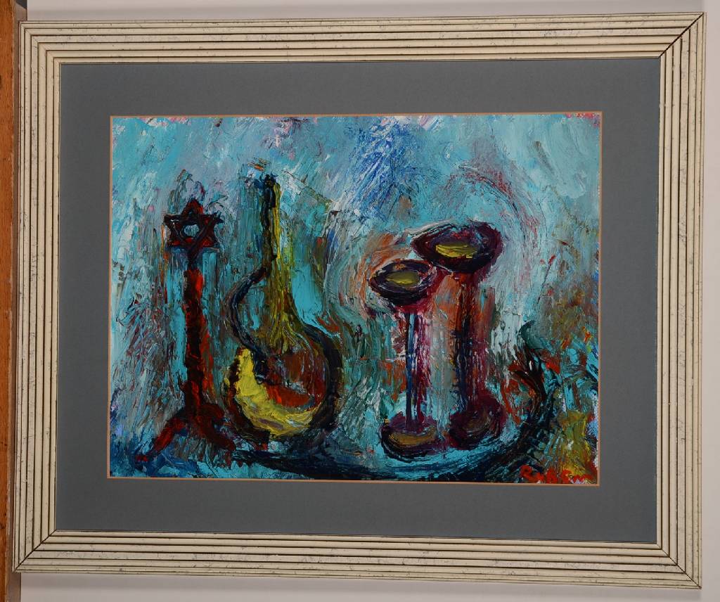 Detail a: Ruben Talberg, geb. 1964, Stillleben mit Davidstern, Karaffe u. Pokalen, Öl/Lwd, rechts unten signiert, ca. 40x50 cm, Rahmen