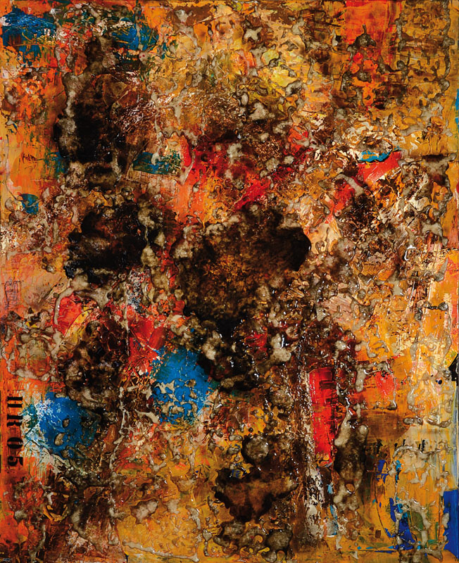 Unbekannter zeitgenössischer Künstler, Abstrakte Komposition, Mischtechnik/Acryl auf Metall, rückseitig bezeichnet H. Reschreiter, ca. 98,5x78 cm