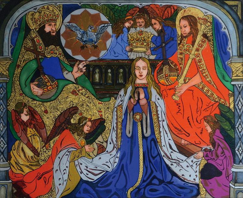 Richard Schwarz, zeitgenössischer Künstler aus Landshut, Die Krönung der Hl. Maria, Hinterglasmalerei, links unten signiert, ca. 31x38cm, Rahmen