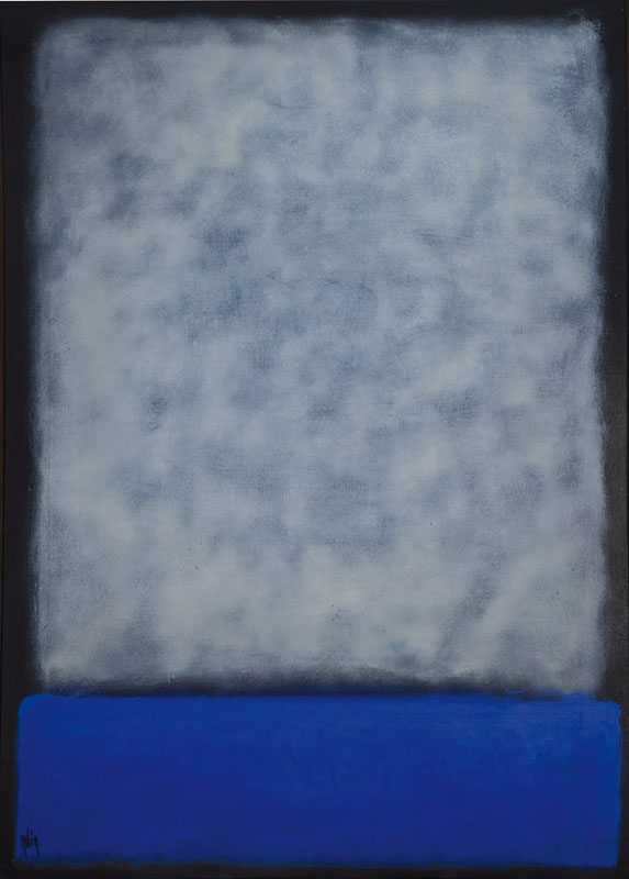Gaston Galé, zeitgenössischer belgischer Künstler, Abstrakte Komposition in Schwarz, Grau und Blau, Öl/Lwd., links unten signiert, ca. 100x70 cm, ...
