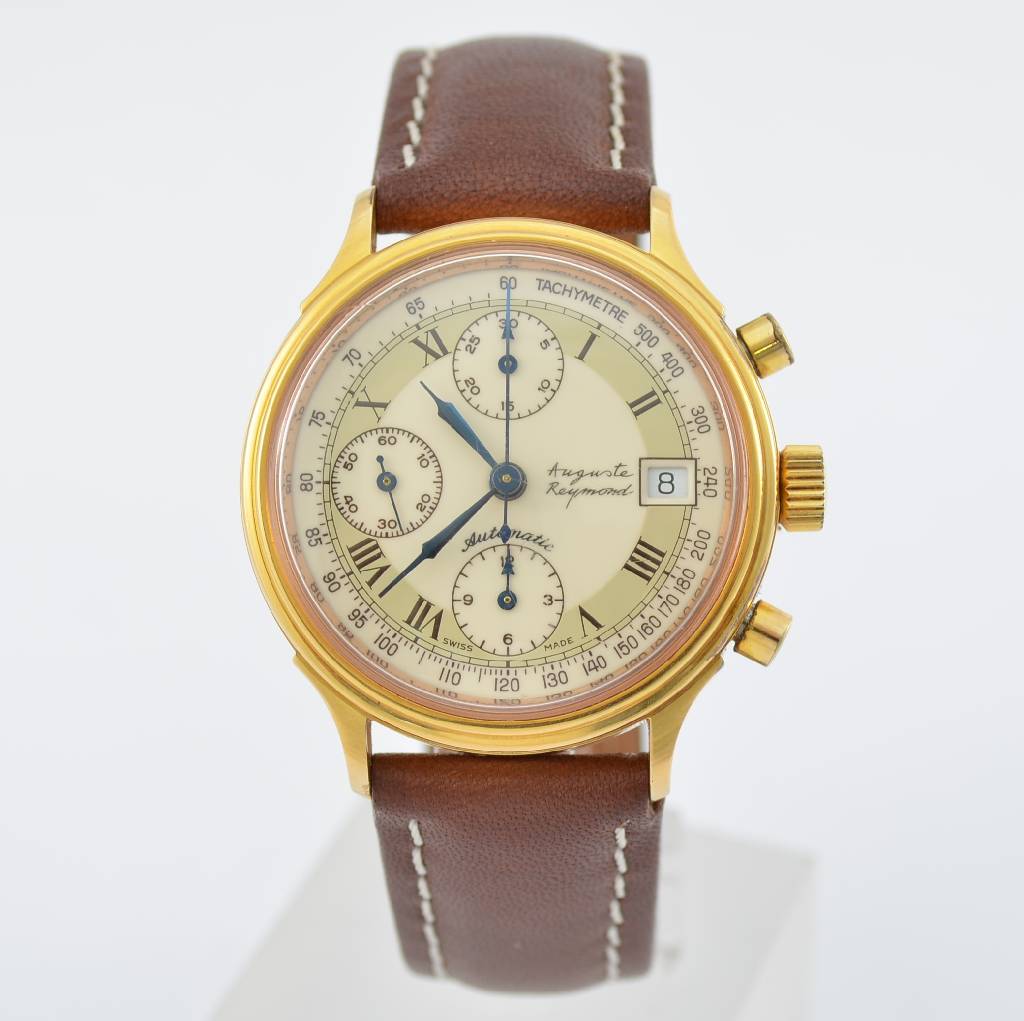 AUGUSTE REYMOND Automatik-Chronograph, Schweiz um 1990, verg. Gehäuse, geschr. Edelst.-Boden, 2-farb. Kontrastzifferblatt m. röm. Zahlen, ...