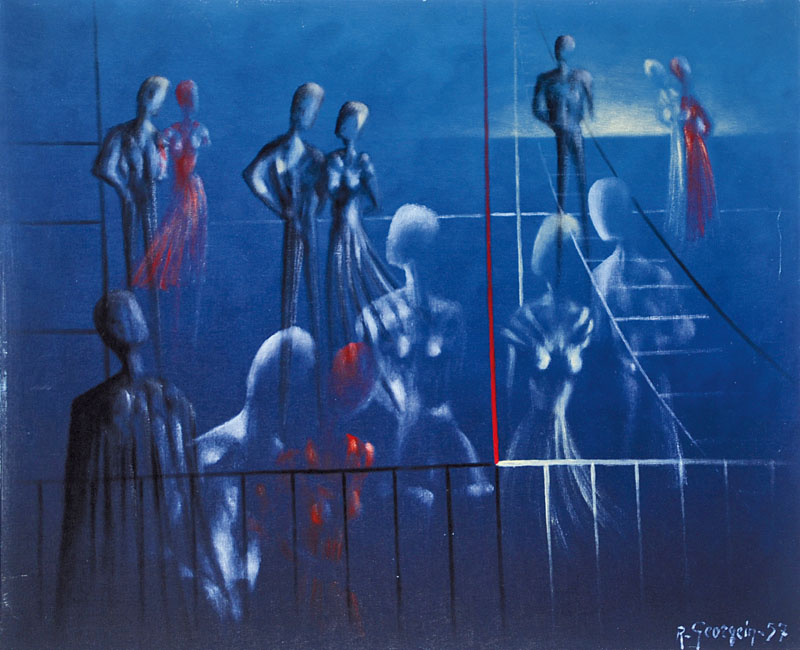 Raymond Georgein, 1920-2002, Surrealistische Komposition mit Figuren, Acryl auf Lwd, rechts unten signiert und datiert 57, ca. 60x73cm, Rahmen