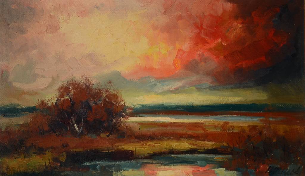 Unbekannter Maler der 1950er Jahre, Weite Landschaft mit Baumgruppe im Abendrot, Öl/grobe Lwd, rechts unten unleserlich signiert, ca. 60x100cm, ...