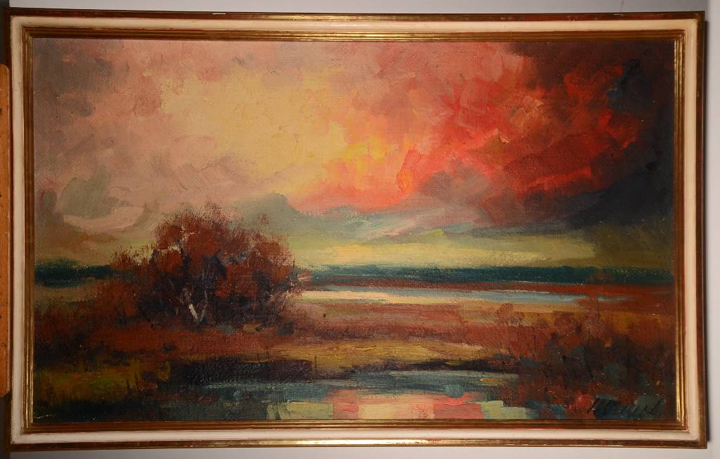 Detail a: Unbekannter Maler der 1950er Jahre, Weite Landschaft mit Baumgruppe im Abendrot, Öl/grobe Lwd, rechts unten unleserlich signiert, ca. 60x100cm, ...