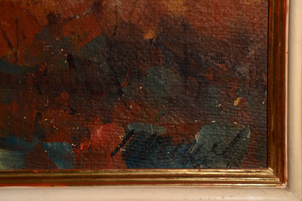 Detail b: Unbekannter Maler der 1950er Jahre, Weite Landschaft mit Baumgruppe im Abendrot, Öl/grobe Lwd, rechts unten unleserlich signiert, ca. 60x100cm, ...