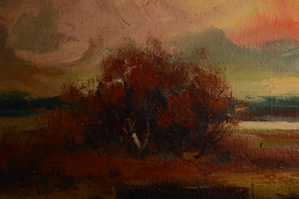 Detail c: Unbekannter Maler der 1950er Jahre, Weite Landschaft mit Baumgruppe im Abendrot, Öl/grobe Lwd, rechts unten unleserlich signiert, ca. 60x100cm, ...