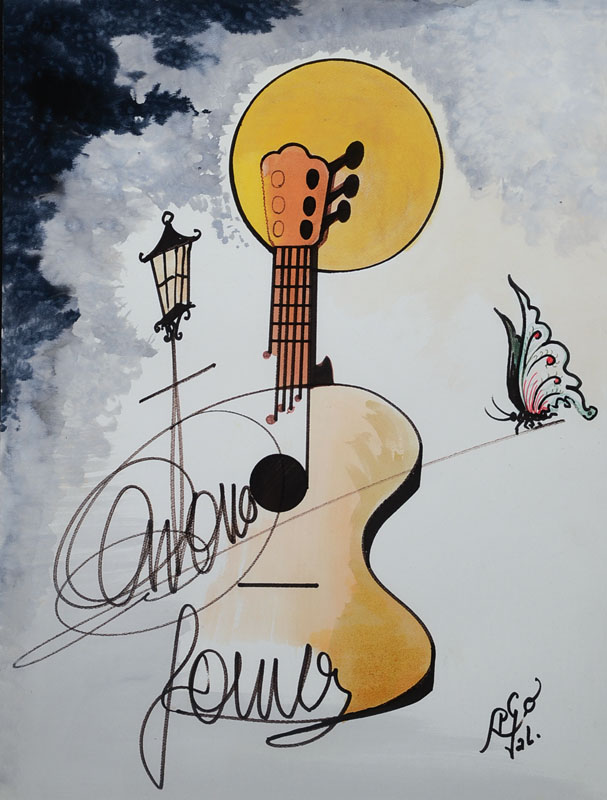 Antonio Gomez Val "Agoval", Alicante, zeitgenössischer spanischer Künstler, lebte einige Zeit in Deutschland, hier: Aquarell mitGitarre, ...