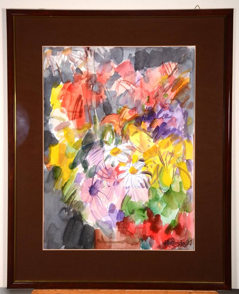Detail a: Heinz Brzoska, geb. 1942 Kattowice, lebt und arbeitet in Rhodt u. Rietburg, Stillleben mit Blumen, Aquarell auf Papier, rechts unten signiert und ...
