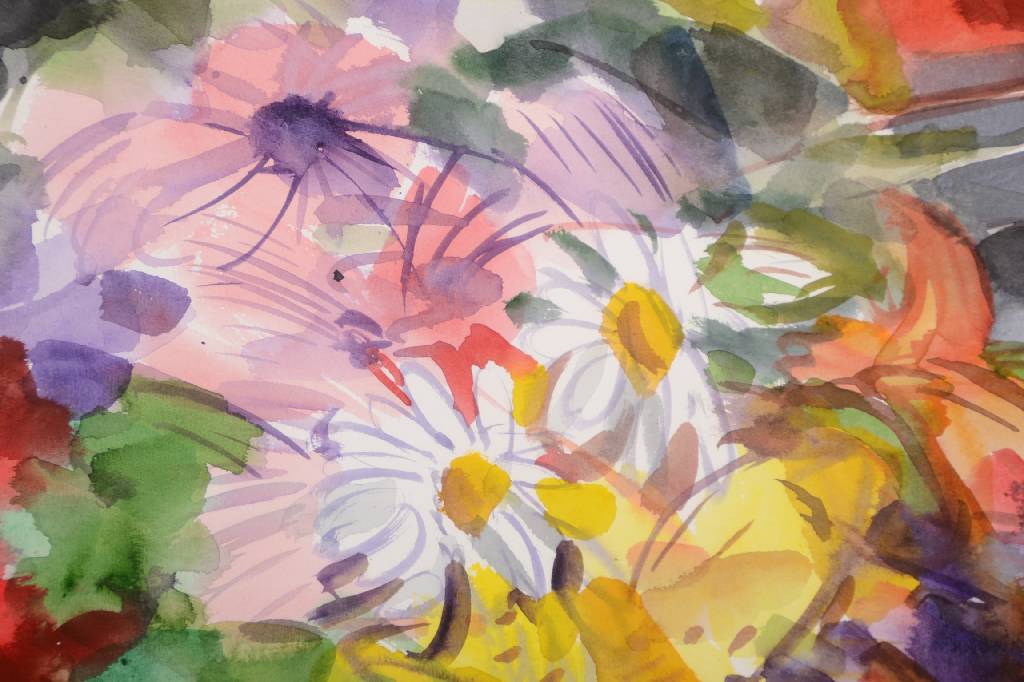 Detail c: Heinz Brzoska, geb. 1942 Kattowice, lebt und arbeitet in Rhodt u. Rietburg, Stillleben mit Blumen, Aquarell auf Papier, rechts unten signiert und ...