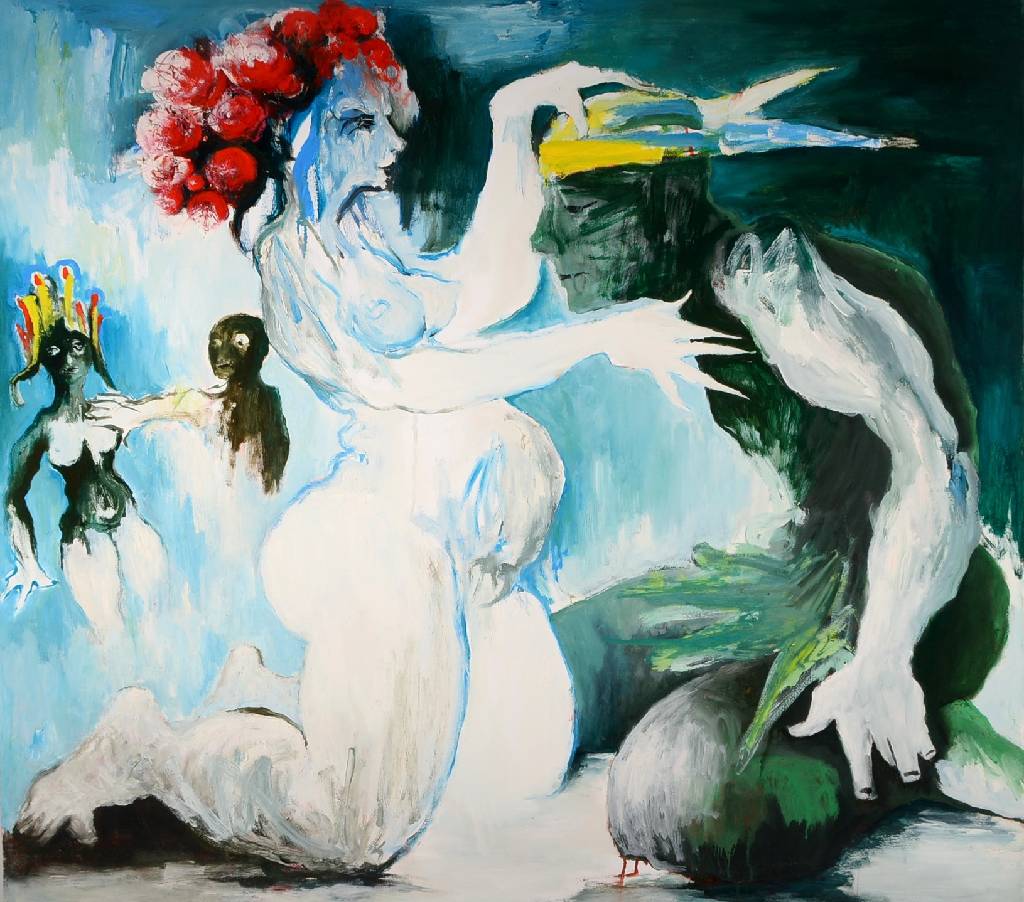 Heinz Seeber, 1930 München - 1998 Triest, "Papageno u. Papagena", Öl/Lwd, unsigniert, um 1985, rückseitig bezeichnet, ca. 102x115 cm