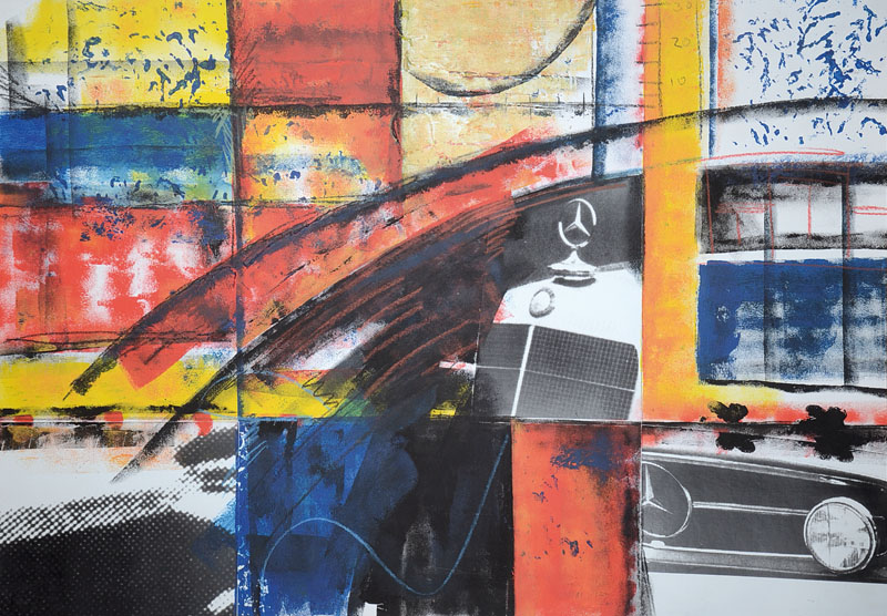 Max Stern, geb. 1968 München, Collage aus der Serie der Fahrzeugbilder, Acryl und Papier auf Malkarton, rechts unten signiert und datiert 2003, ca. ...
