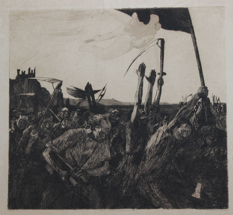 Käthe Kollwitz, 1867-1945, "Aufruhr", Radierung auf festem Papier, gedruckt nach 1898, Auflage für Emil Richter Verlag, typografische ...